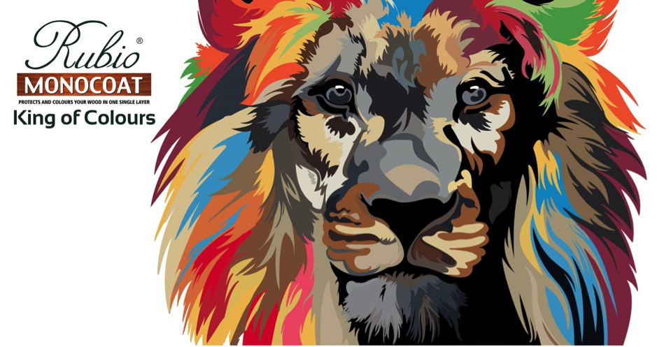 Rubio Mono coat logo, with their trademark lion with amulti coloured maine, The king of colours