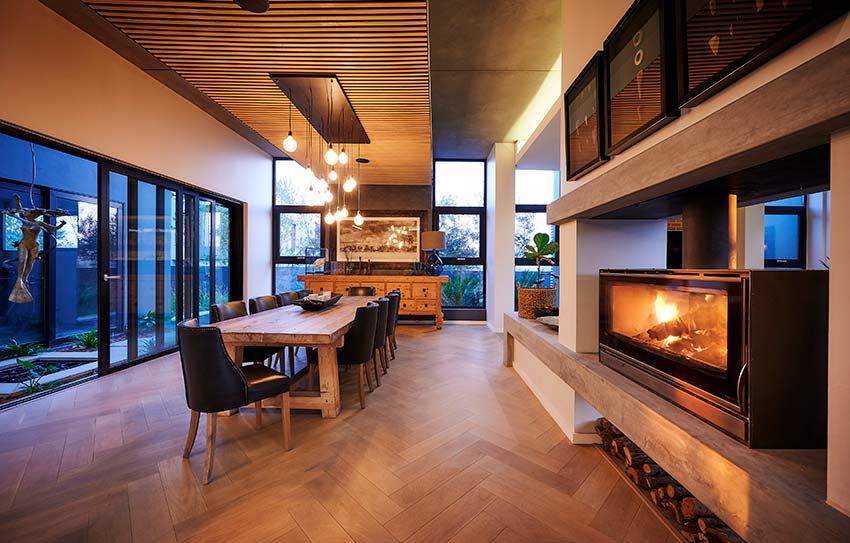 herringbone wood flooring in a modern country home