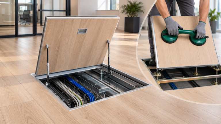 Illustrative concept: a flush, framed and hinged service hatch with assisted opening. The final construction must be engineered and approved for the project's loads, fire requirements and floor build-up. and Illustrative concept: a smooth finished access panel lifted with a double suction-cup tool, exposing pedestals, stringers and organised services below.