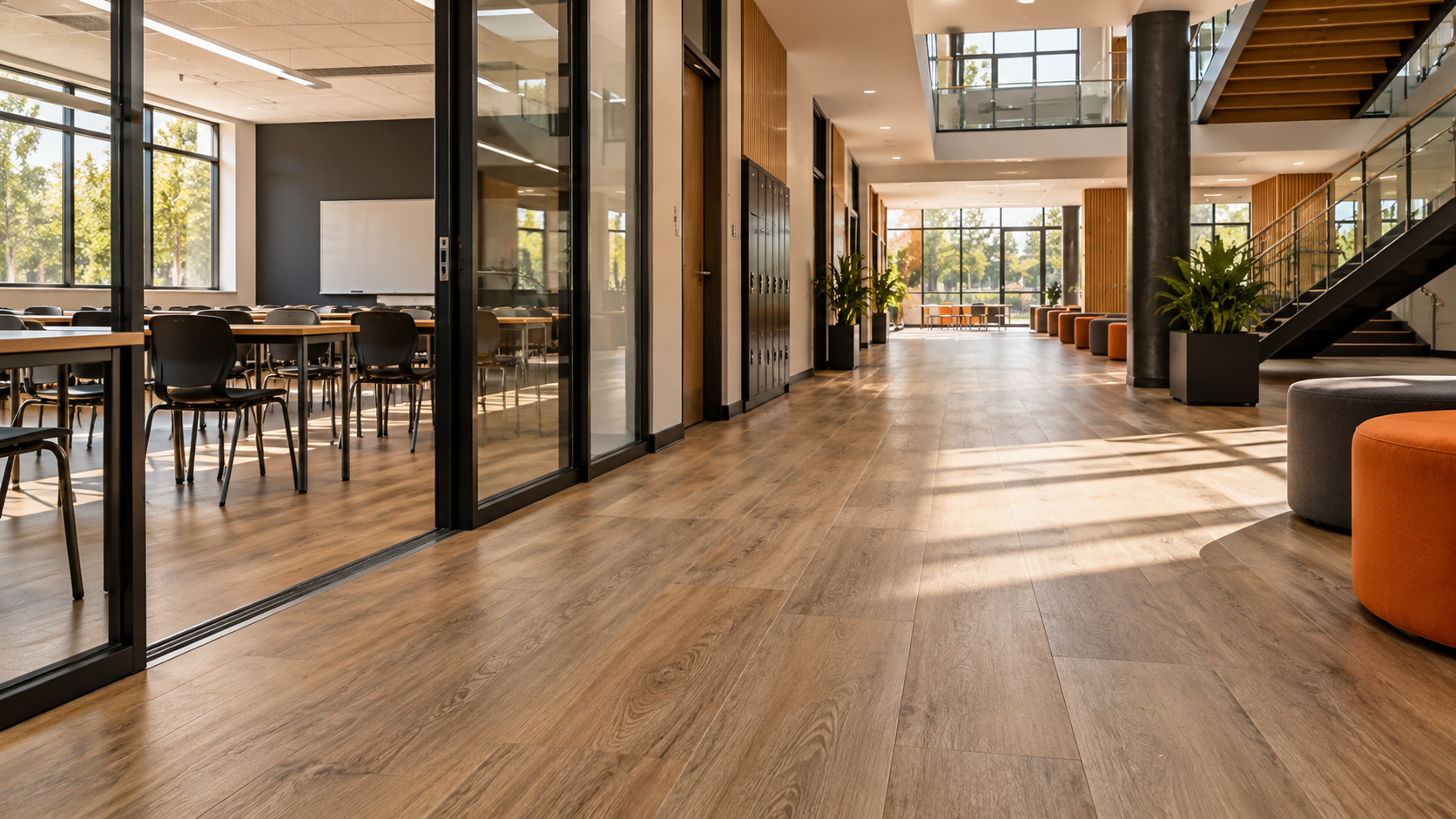 LVT floors Sunlit Modern Campus Hallway